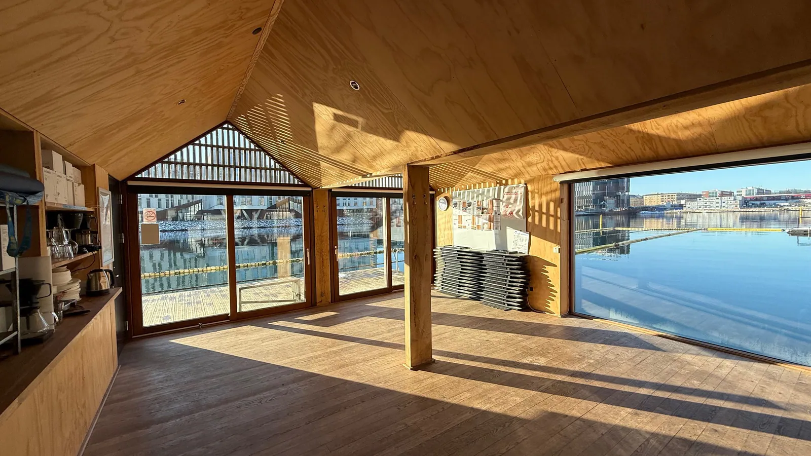 Wood-lined practice space at Norvin overlooking the harbour